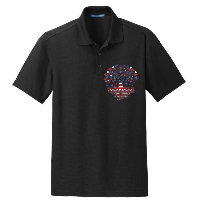 American Tree 4th Of July USA Flag Hearts Roots Patriotic Dry Zone Grid Polo