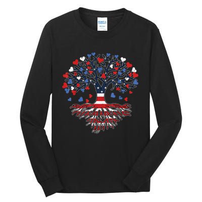 American Tree 4th Of July USA Flag Hearts Roots Patriotic Tall Long Sleeve T-Shirt