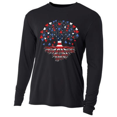 American Tree 4th Of July USA Flag Hearts Roots Patriotic Cooling Performance Long Sleeve Crew