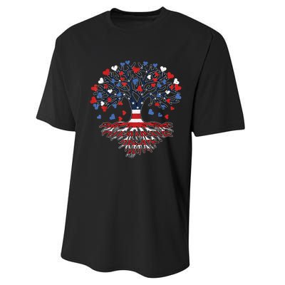 American Tree 4th Of July USA Flag Hearts Roots Patriotic Performance Sprint T-Shirt