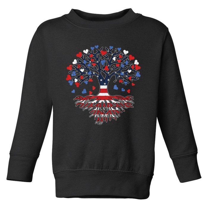 American Tree 4th Of July USA Flag Hearts Roots Patriotic Toddler Sweatshirt