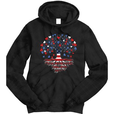 American Tree 4th Of July USA Flag Hearts Roots Patriotic Tie Dye Hoodie