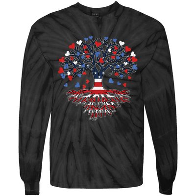 American Tree 4th Of July USA Flag Hearts Roots Patriotic Tie-Dye Long Sleeve Shirt