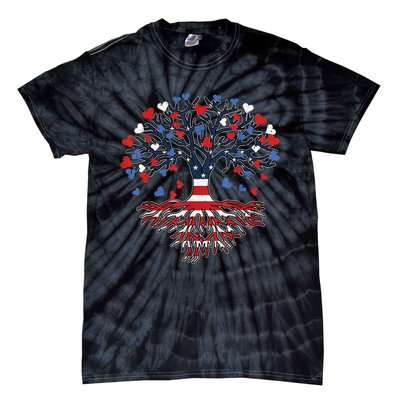 American Tree 4th Of July USA Flag Hearts Roots Patriotic Tie-Dye T-Shirt