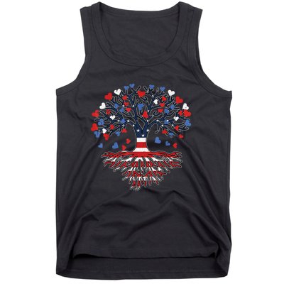 American Tree 4th Of July USA Flag Hearts Roots Patriotic Tank Top