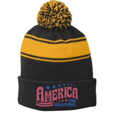 America The Beautiful Retro Vintage American 4th Of July Stripe Pom Pom Beanie