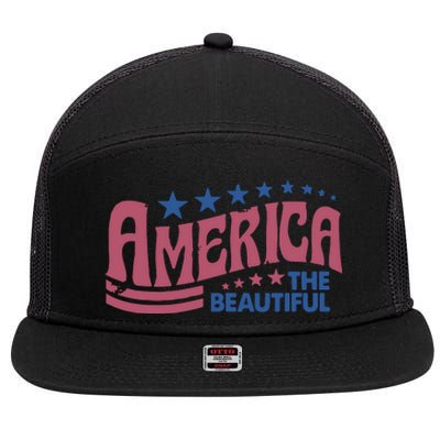 America The Beautiful Retro Vintage American 4th Of July 7 Panel Mesh Trucker Snapback Hat