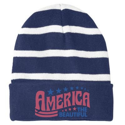 America The Beautiful Retro Vintage American 4th Of July Striped Beanie with Solid Band