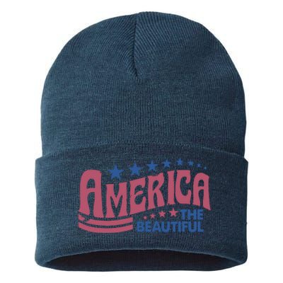 America The Beautiful Retro Vintage American 4th Of July Sustainable Knit Beanie