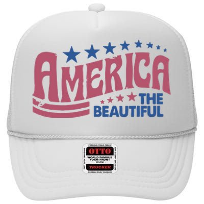 America The Beautiful Retro Vintage American 4th Of July High Crown Mesh Back Trucker Hat