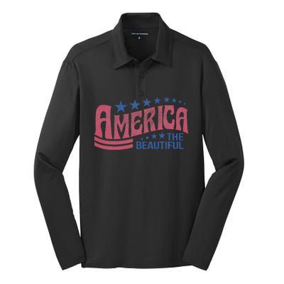 America The Beautiful Retro Vintage American 4th Of July Silk Touch Performance Long Sleeve Polo