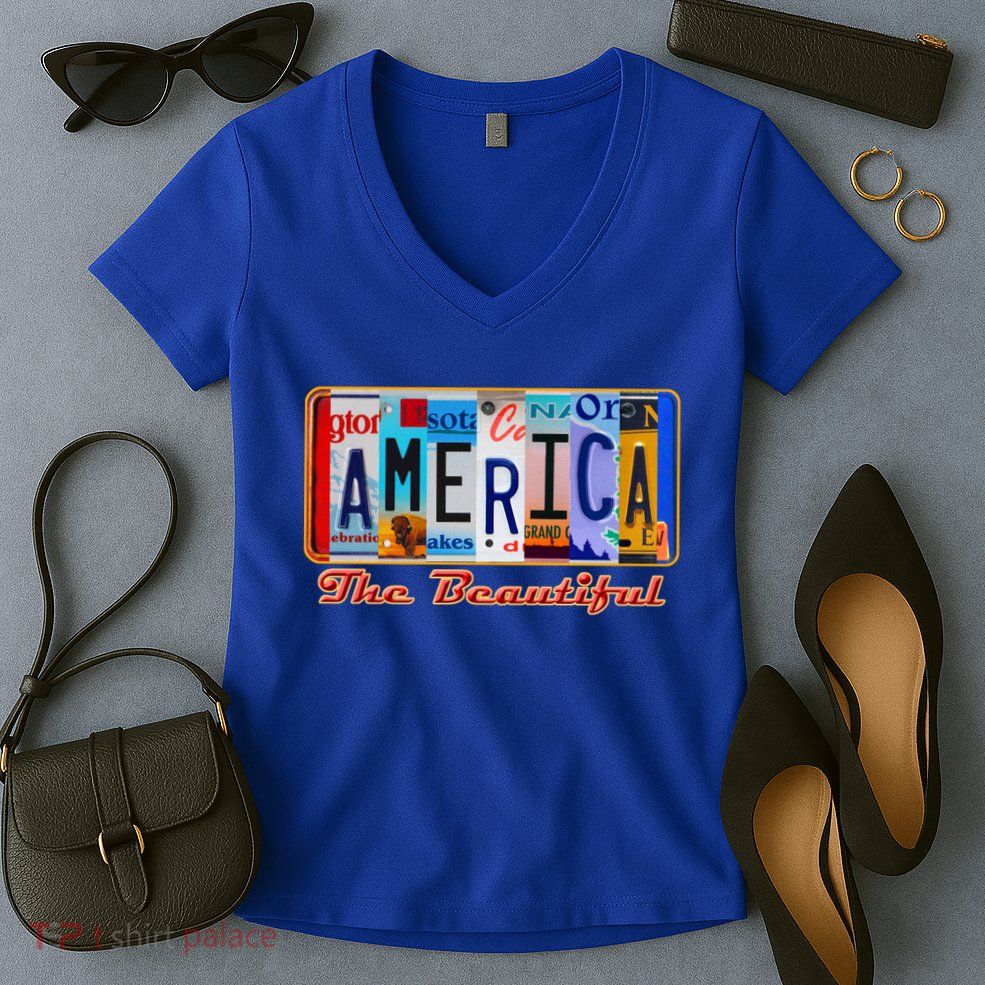 America The Beautiful Car License Plates Gift Women's V-Neck T-Shirt