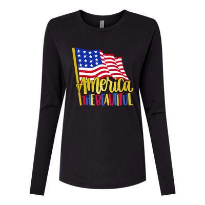 America The Beautiful With Usa Flag Gift Womens Cotton Relaxed Long Sleeve T-Shirt