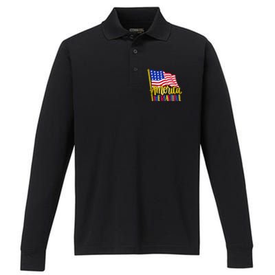 America The Beautiful With Usa Flag Gift Performance Long Sleeve Polo