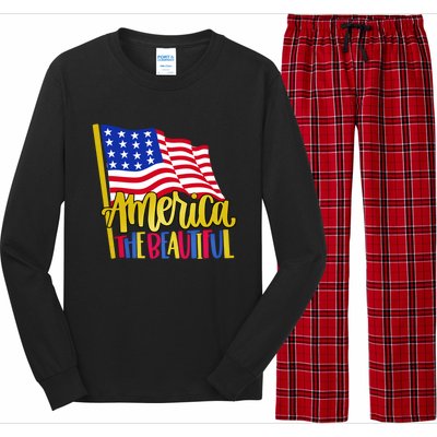 America The Beautiful With Usa Flag Gift Long Sleeve Pajama Set