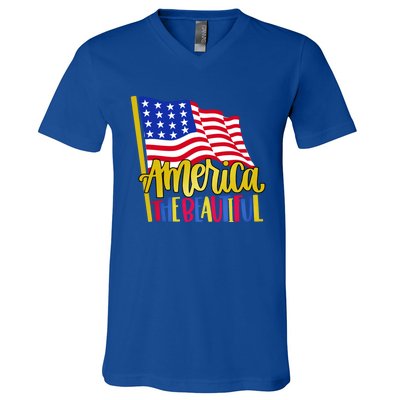 America The Beautiful With Usa Flag Gift V-Neck T-Shirt