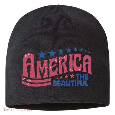 America The Beautiful Retro Vintage American 4th Of July Sustainable Beanie