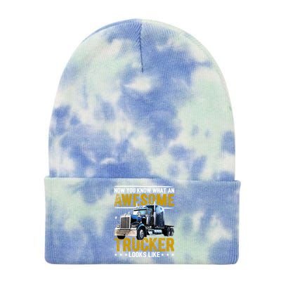 Awesome Trucker Big Rig Semicute Gifttrailer Truck Driver Gift Gift Tie Dye 12in Knit Beanie