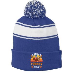 Annual Turkey Bowl Funny Thanksgiving Season Football Fan Gift Stripe Pom Pom Beanie