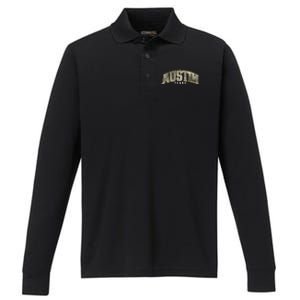 Austin Texas College Font Performance Long Sleeve Polo