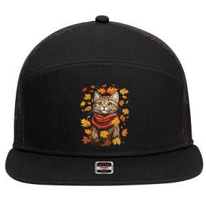 Autumn Themed Cute Cat Fall Breeze Kitten Cat Lover 7 Panel Mesh Trucker Snapback Hat