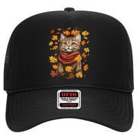 Autumn Themed Cute Cat Fall Breeze Kitten Cat Lover High Crown Mesh Back Trucker Hat