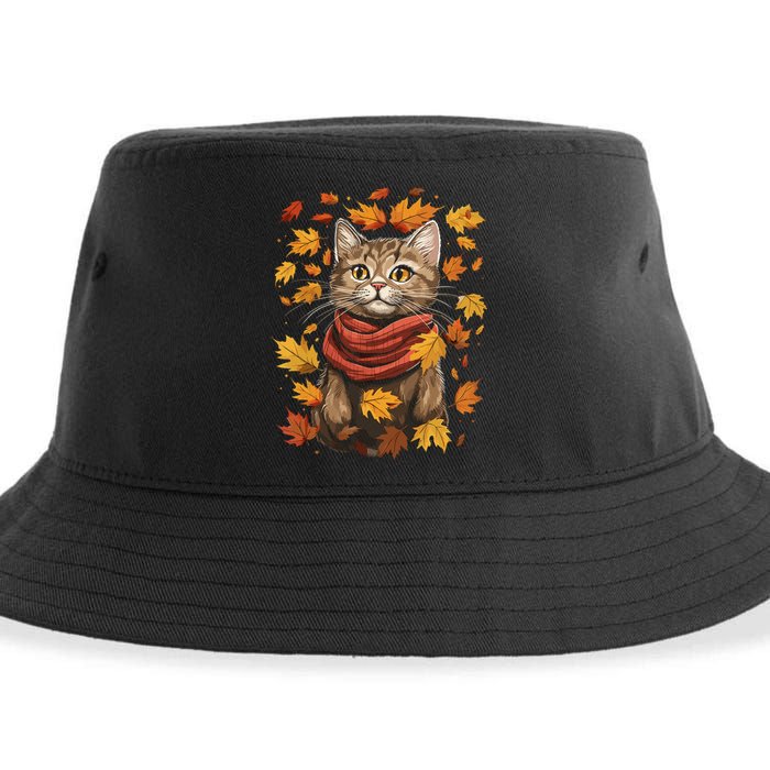 Autumn Themed Cute Cat Fall Breeze Kitten Cat Lover Sustainable Bucket Hat