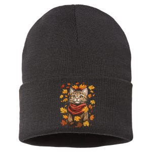 Autumn Themed Cute Cat Fall Breeze Kitten Cat Lover Sustainable Knit Beanie