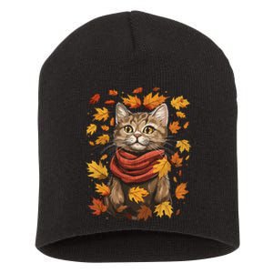 Autumn Themed Cute Cat Fall Breeze Kitten Cat Lover Short Acrylic Beanie