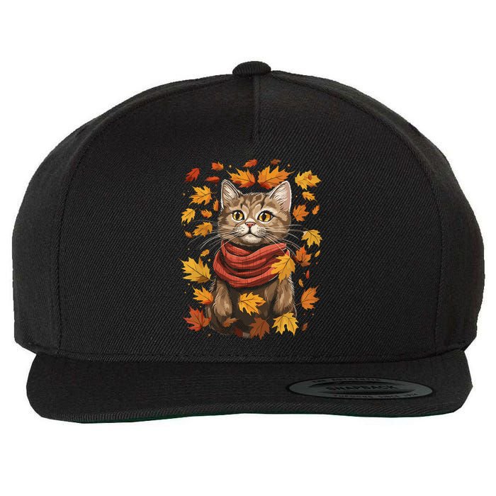 Autumn Themed Cute Cat Fall Breeze Kitten Cat Lover Wool Snapback Cap