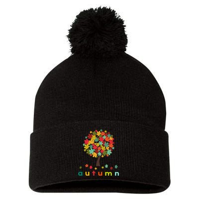 Autumn Tree Colorful Festive Pom Pom 12in Knit Beanie
