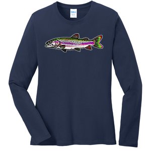 Abstract Trout Design Fly Fishing Trout Fisherman Ladies Long Sleeve Shirt