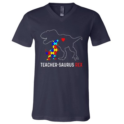 Autism Teacher Dinosaur Teachersaurus Rex Awareness Day V-Neck T-Shirt