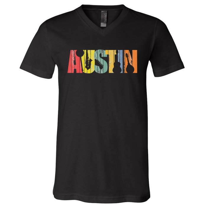 Austin Texas Distressed Vintage Musical Instrument V-Neck T-Shirt