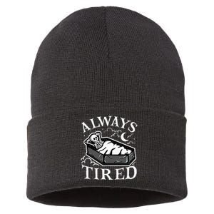 Always Tired Funny Skeleton Sleeping Coffin Sustainable Knit Beanie