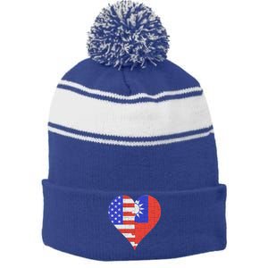 American Taiwanese Flag Heart Funny Gift Stripe Pom Pom Beanie