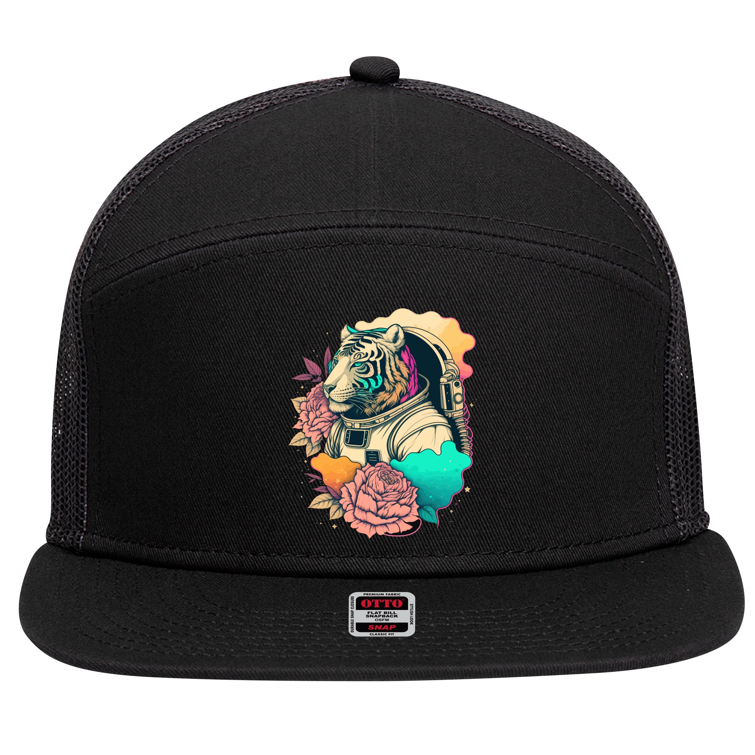 Astronaut Tiger Flowery Design 7 Panel Mesh Trucker Snapback Hat