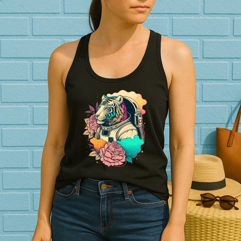 Astronaut Tiger Flowery Design Womens Tank Top