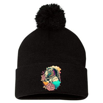 Astronaut Tiger Flowery Design Pom Pom 12in Knit Beanie