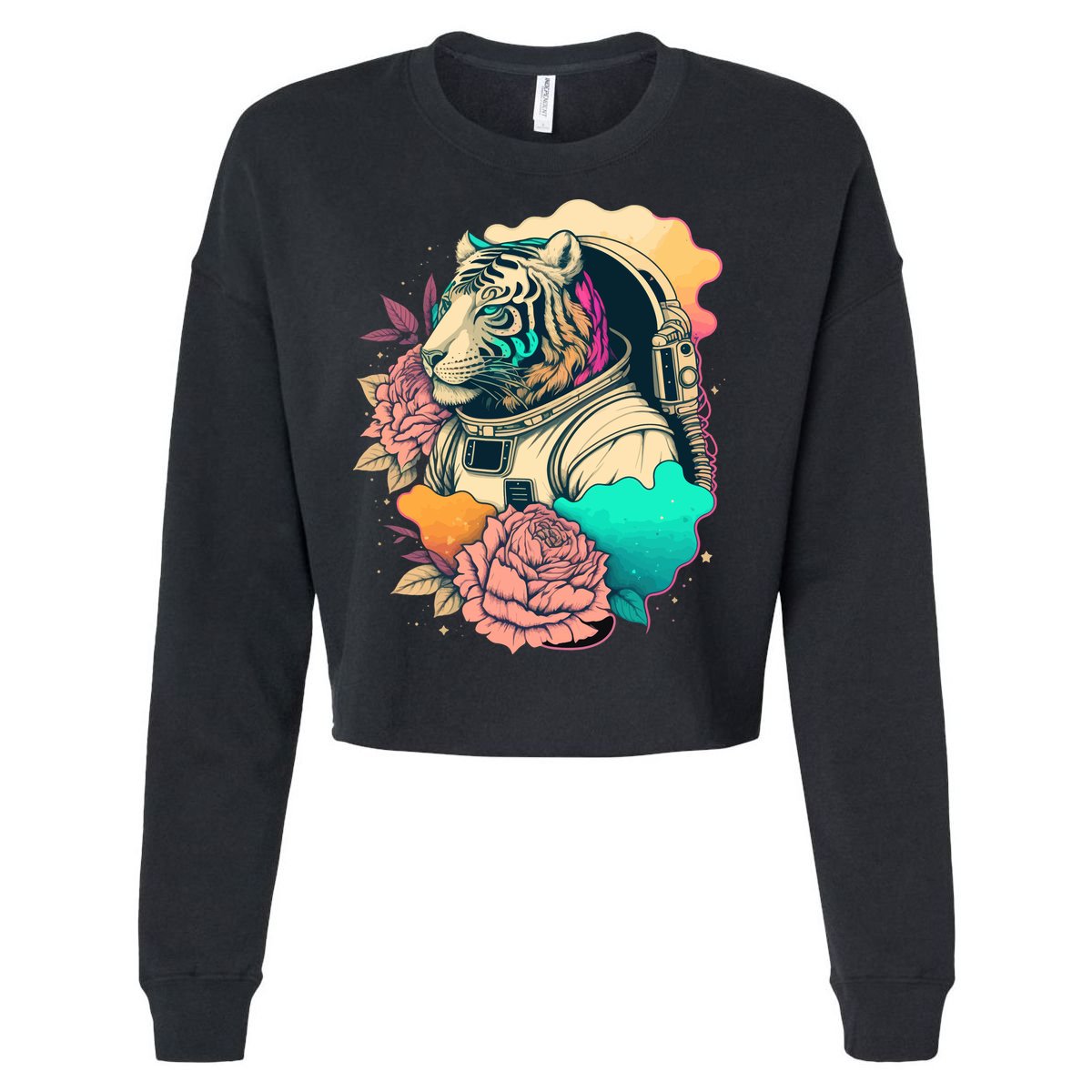 Astronaut Tiger Flowery Design Cropped Pullover Crew