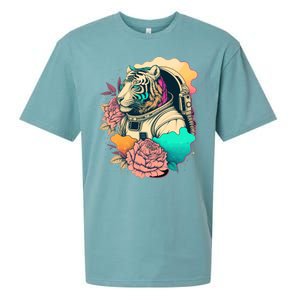 Astronaut Tiger Flowery Design Sueded Cloud Jersey T-Shirt