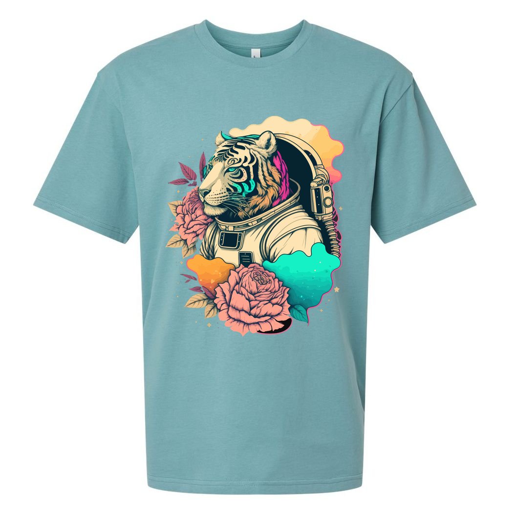 Astronaut Tiger Flowery Design Sueded Cloud Jersey T-Shirt