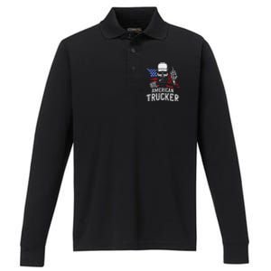 American Trucker For Patriotic Truck Driver Performance Long Sleeve Polo