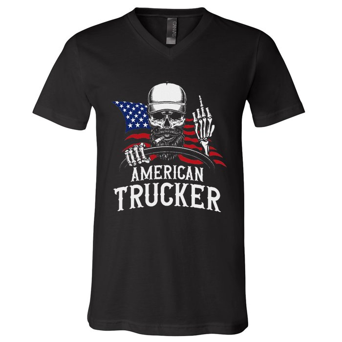 American Trucker For Patriotic Truck Driver V-Neck T-Shirt