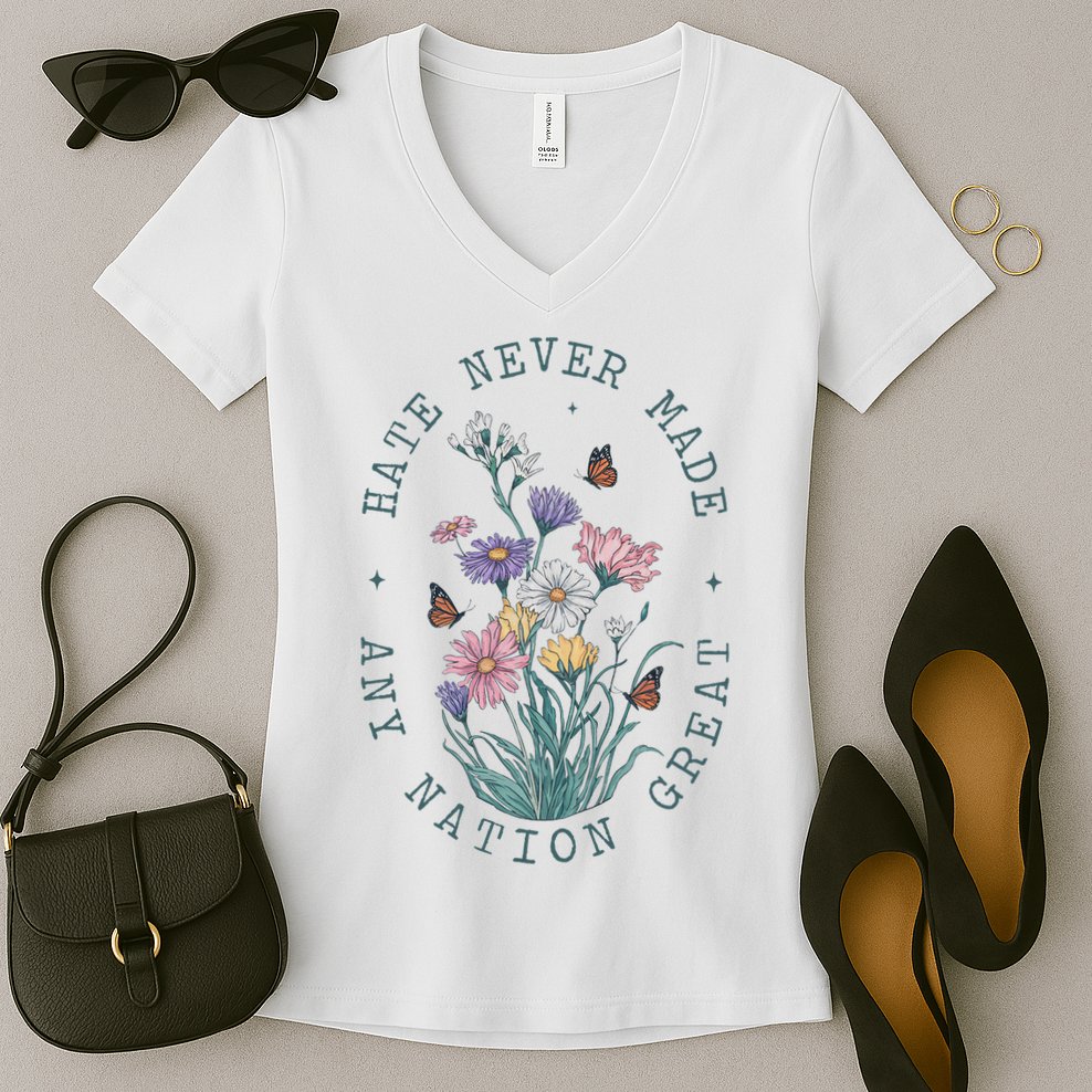 Anti Trump Floral Butterflies Democrat President Liberal Women's V-Neck T-Shirt