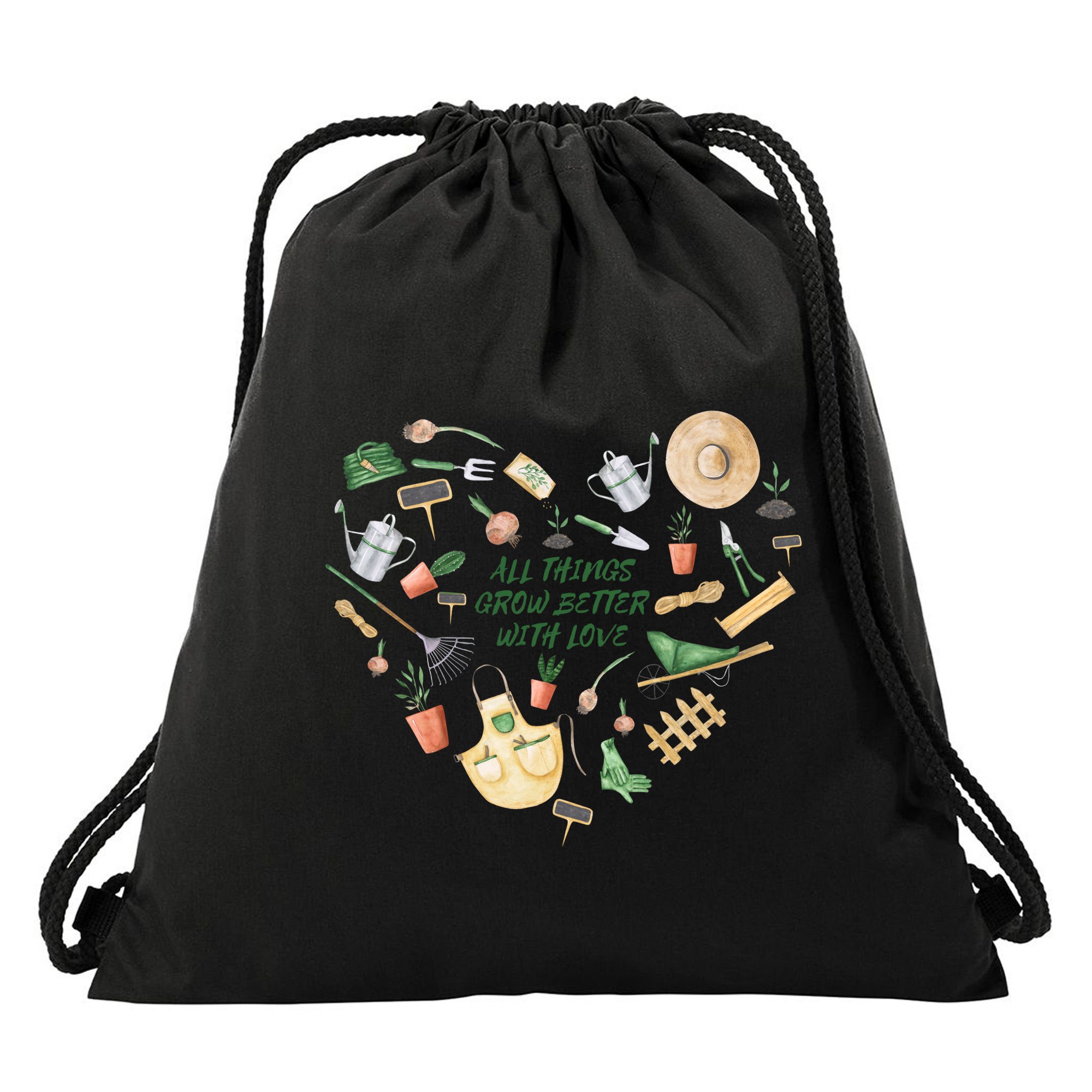 All Things Grow Better With Love Love Gardening Heart Drawstring Bag