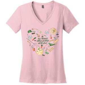 All Things Grow Better With Love Love Gardening Heart Women's V-Neck T-Shirt