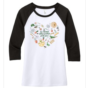 All Things Grow Better With Love Love Gardening Heart Women's Tri-Blend 3/4-Sleeve Raglan Shirt