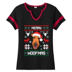 Airedale Terrier Gift For Merry Christmas Woofmas Clothes Gift Ladies Halftime Notch Neck Tee