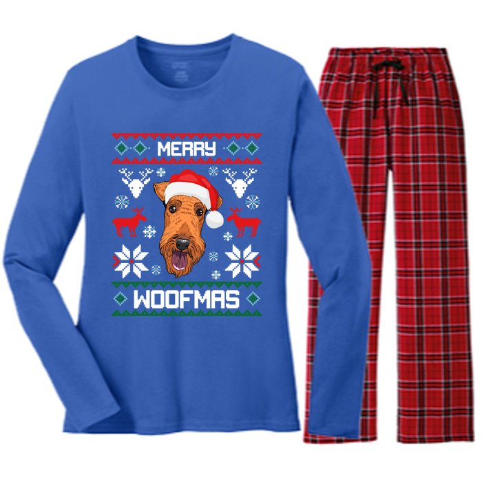 Airedale Terrier Gift For Merry Christmas Woofmas Clothes Gift Women's Long Sleeve Flannel Pajama Set 